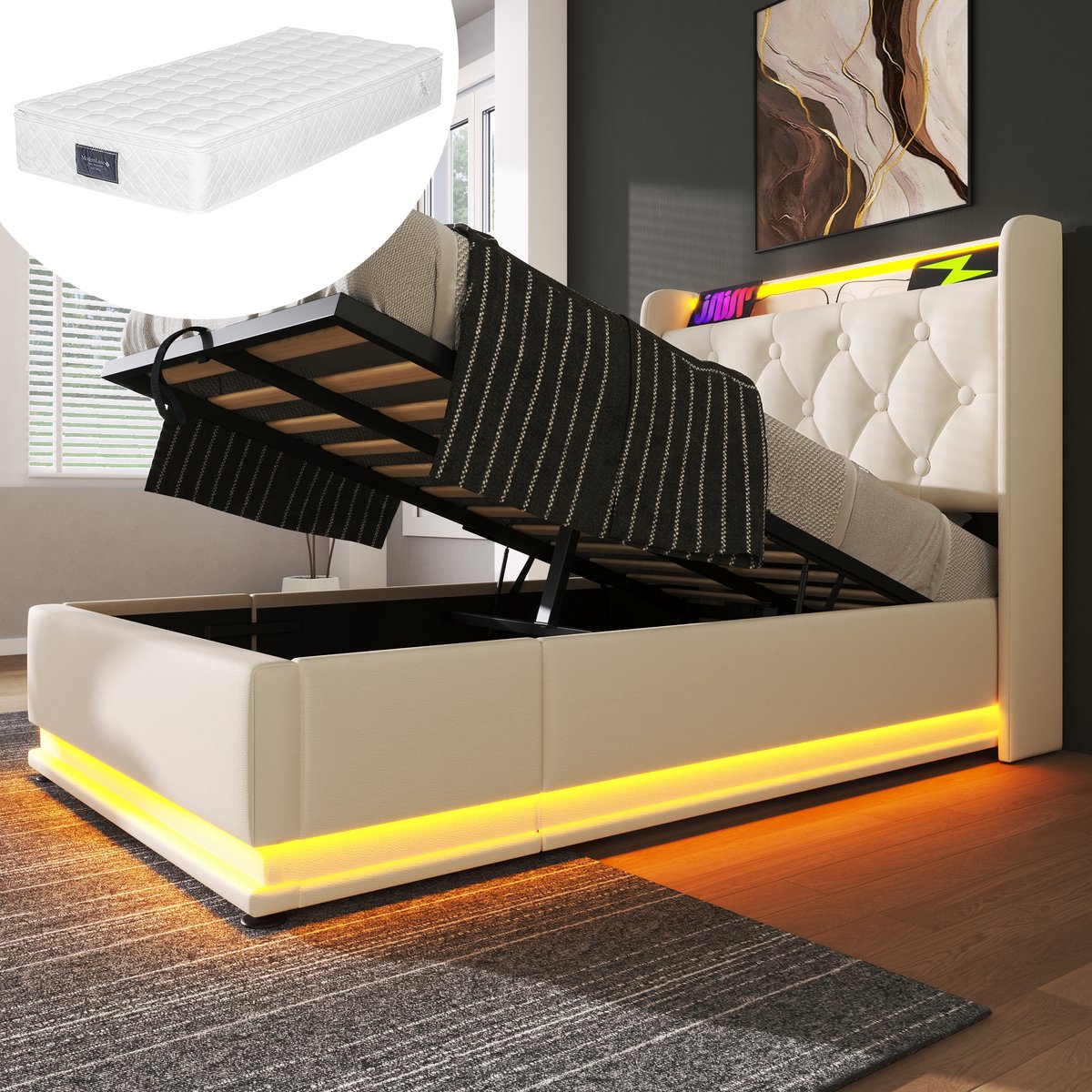 Bedframe - 90x200 Cm - Bed - Met Lattenbodem - Met Opbergruimte - LED - USB C - Wit - Met Matras
