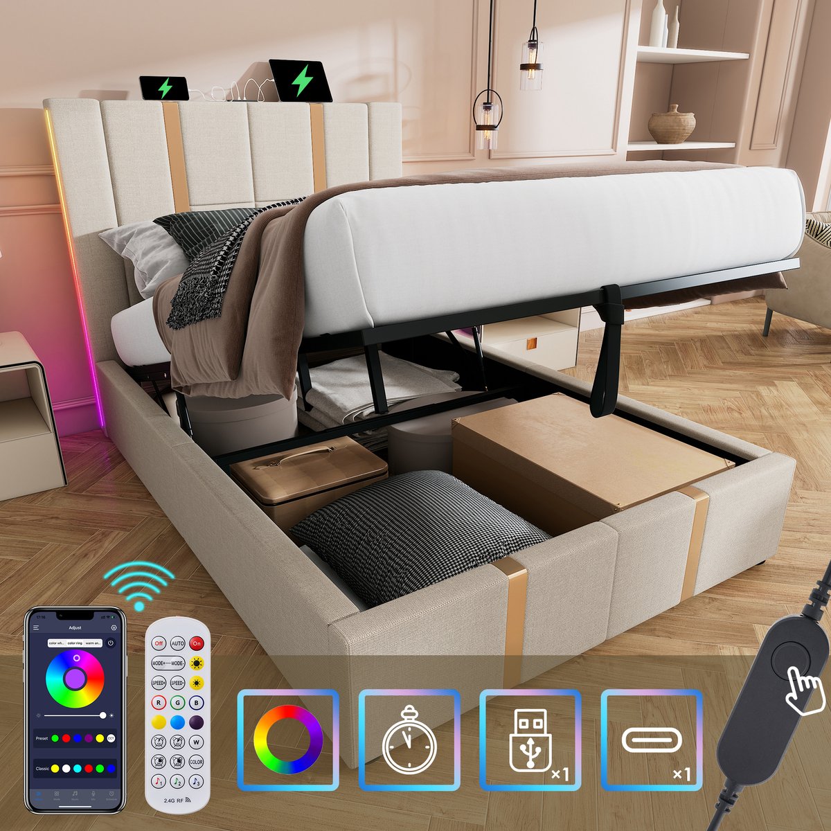 Bedframe - 90x200 Cm - Bed - Met Lattenbodem - Met Opbergruimte - LED - USB C - Beige - Met Matras