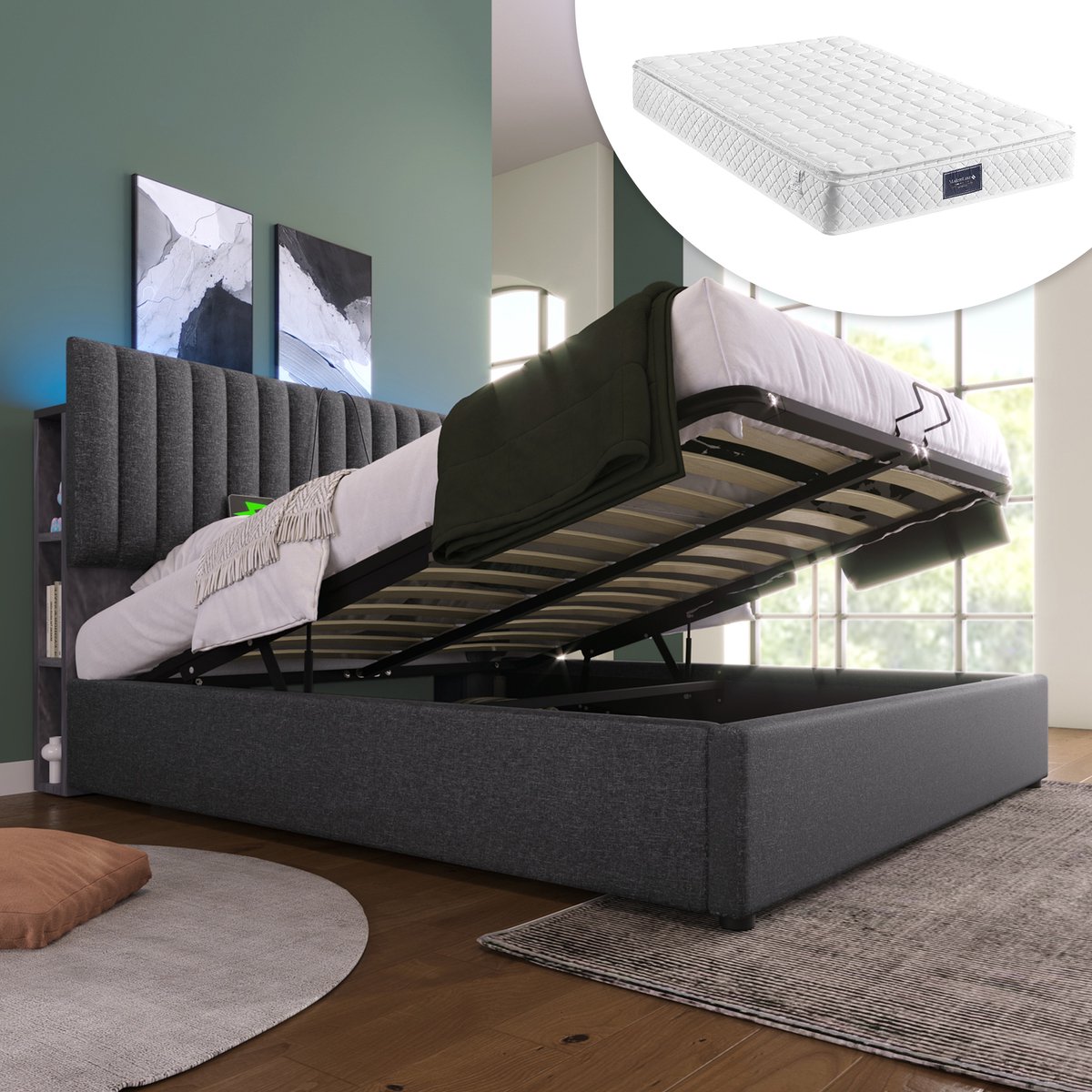 Bedframe - 140x200 Cm - Bed - Met Lattenbodem - Met Opbergruimte - LED - USB C - Grijs - Met Matras