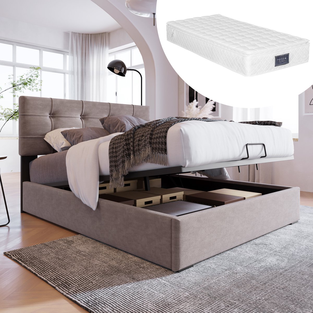 Bedframe - 90x200 Cm - Bed - Met Lattenbodem - Met Opbergruimte - Grijs - Met Matras