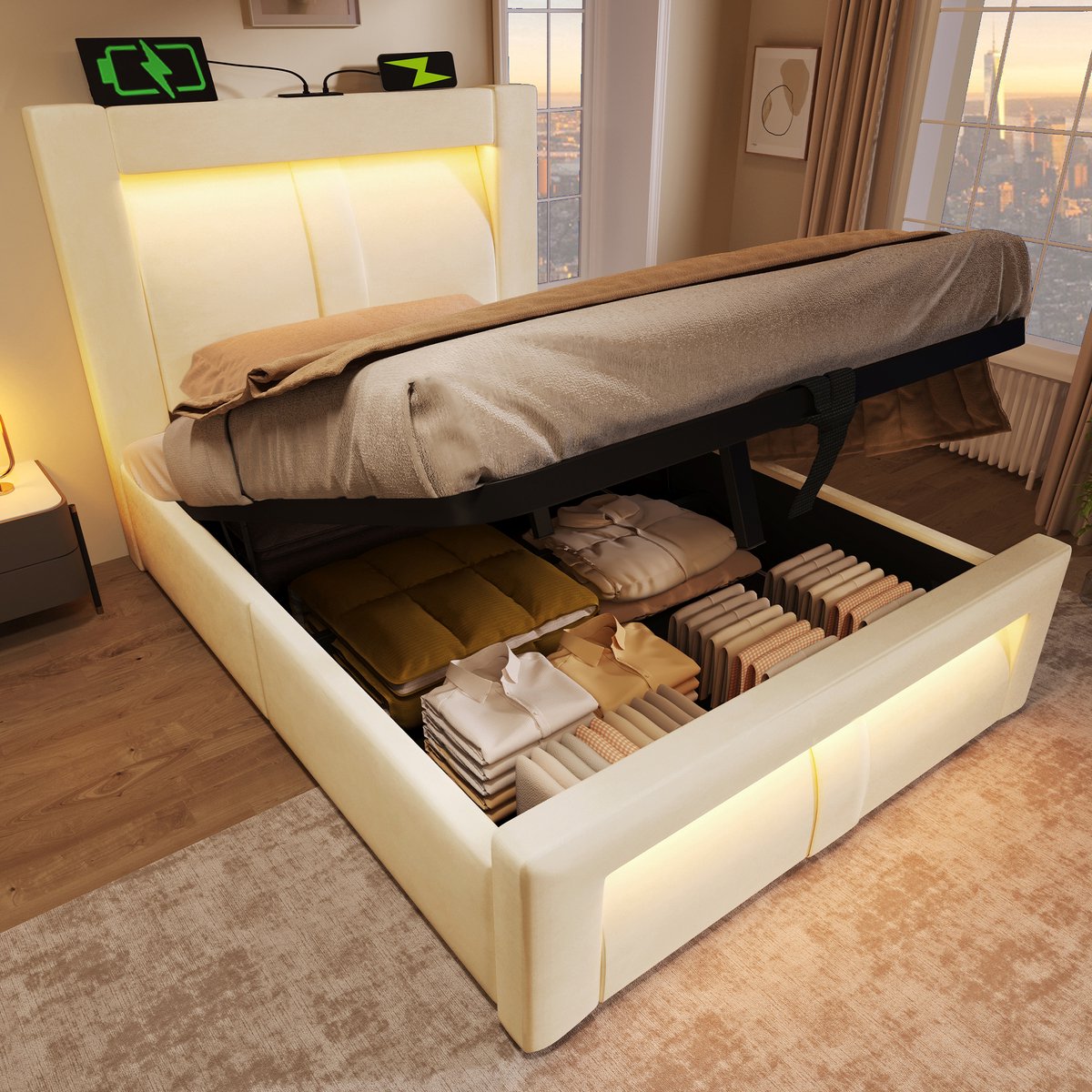 Bedframe - 90x200 Cm - Bed - Met Opbergruimte - LED - USB C - Beige - Zonder Matras