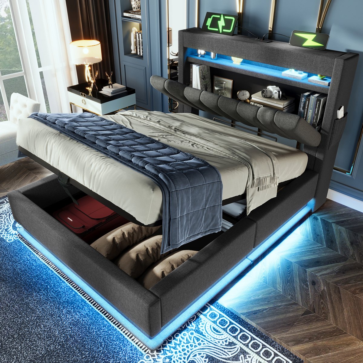 Bedframe - 90x200 Cm - Bed - Met Opbergruimte - LED - USB C - Grijs - Zonder Matras