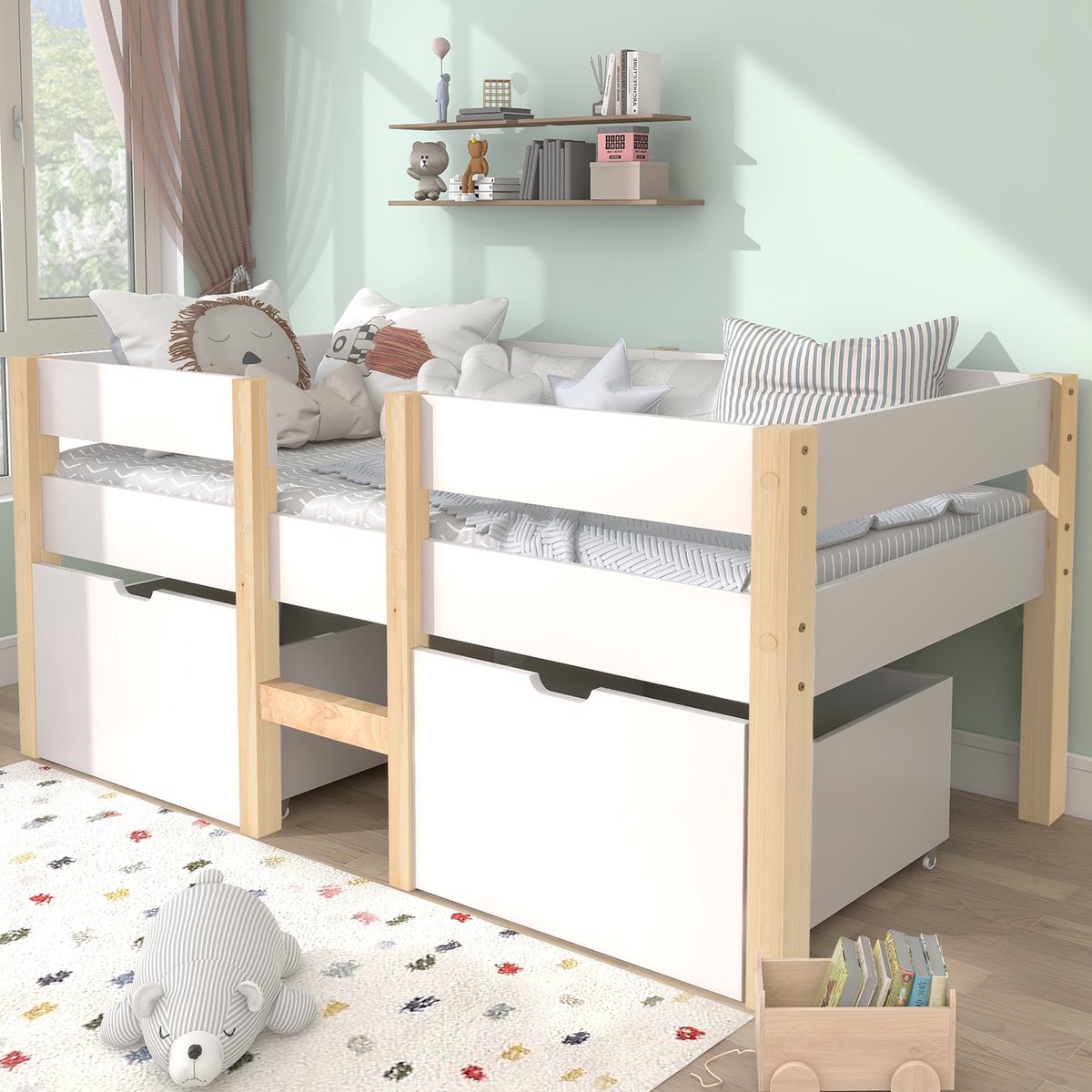Hoogslaper - 90x200 Cm - Bed - Met Lattenbodem - Met Opbergruimte - Wit