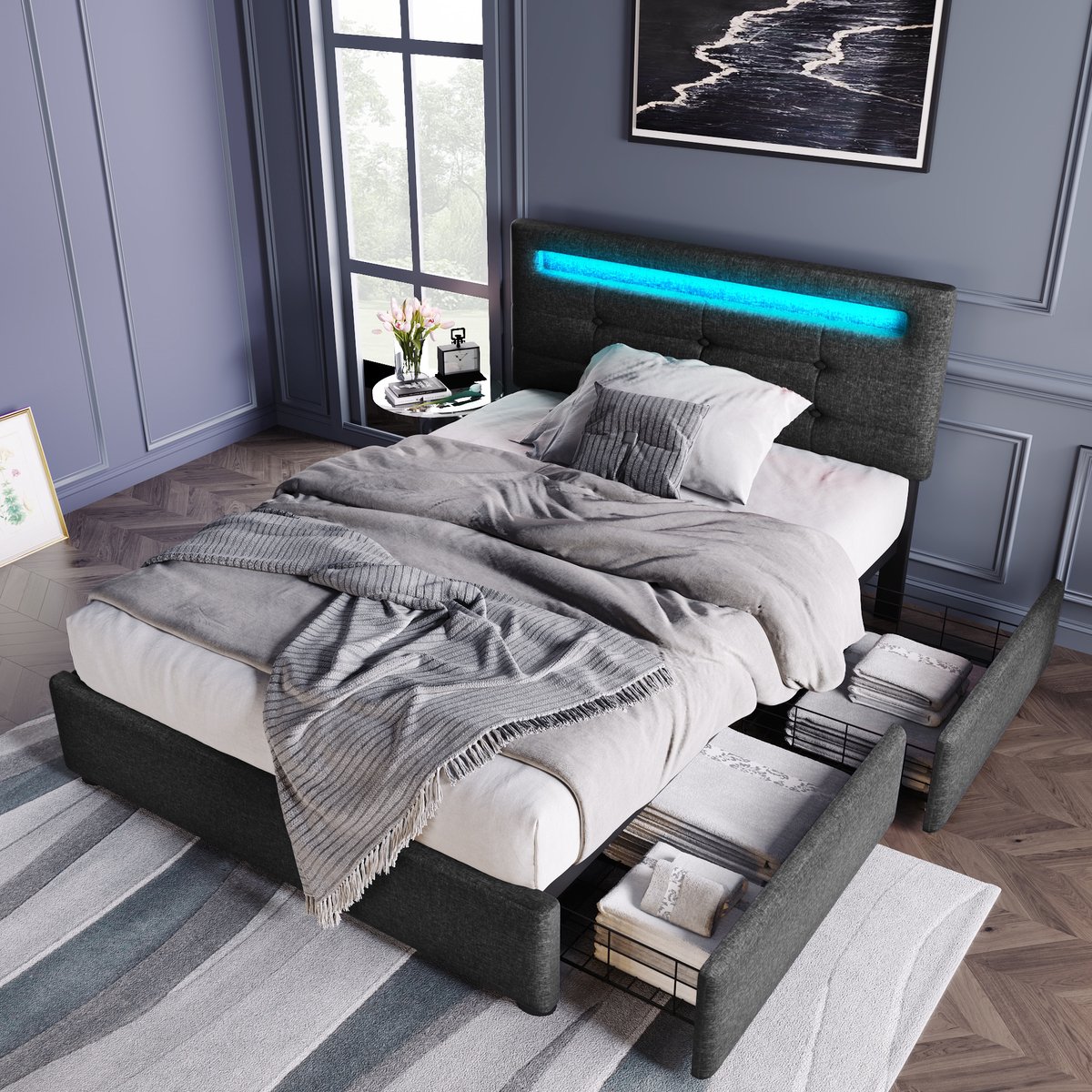 Bedframe - 90x200 Cm - Bed - Met Lattenbodem - Met Opbergruimte - LED - Grijs - Zonder Matras