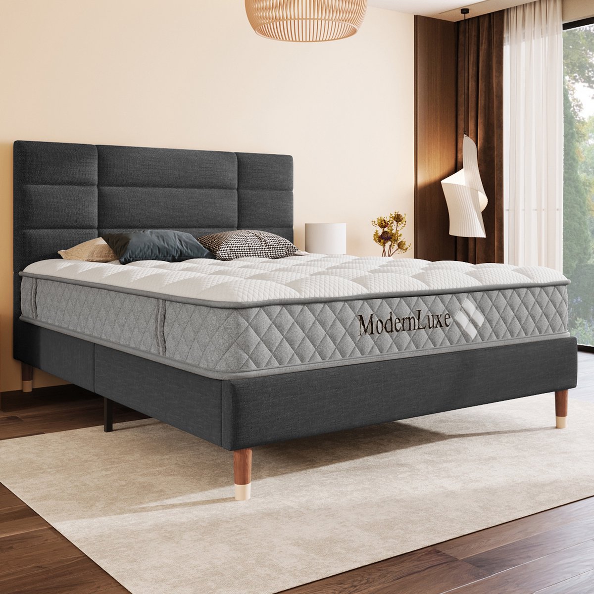 Bedframe - 140x200 Cm - Bed - Met Lattenbodem - Met Opbergruimte - Grijs - Met Matras