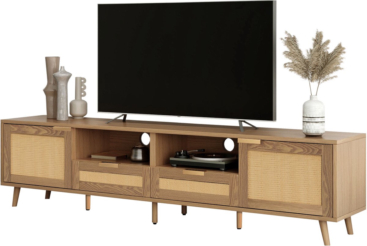 TV Meubel - Rotan TV Kast & TV Lowboard Met Deuren 200cm - Eiken