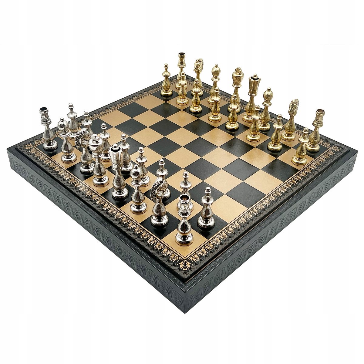 Luxe Schaakset Arabesque met Leerlook Bord Goud/Zwart 48cm