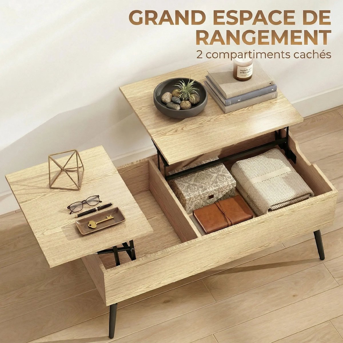 Emvae Salontafel - Salontafel met Opbergruimte - Hoogte Verstelbaar Blad- Opklapbaar Blad - Houtlook met Zwart- 100 × 50 × 43,6 cm