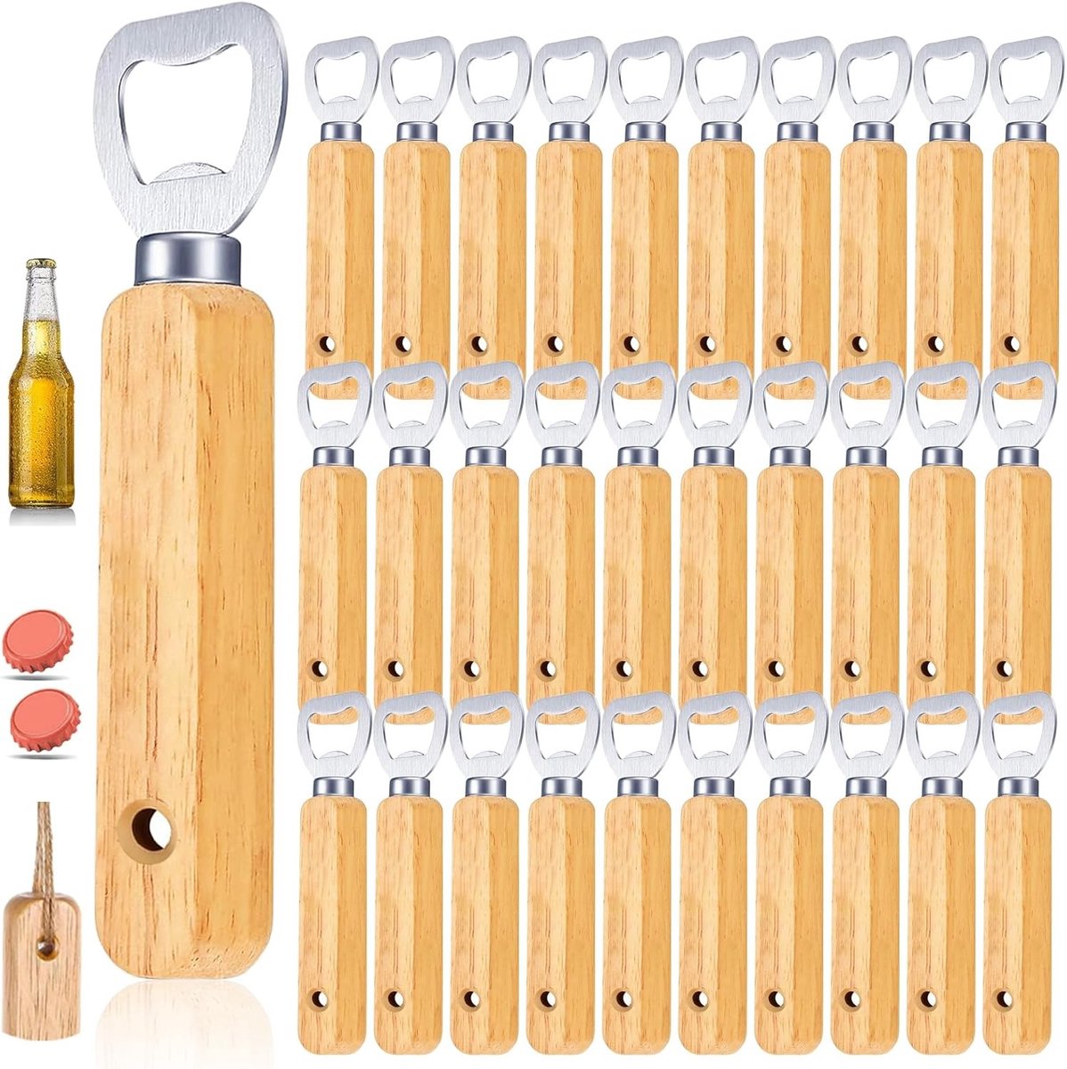 Houten Flesopener met Gaten - Houten Handvat - Draagbare Bieropener voor Thuis en Buiten