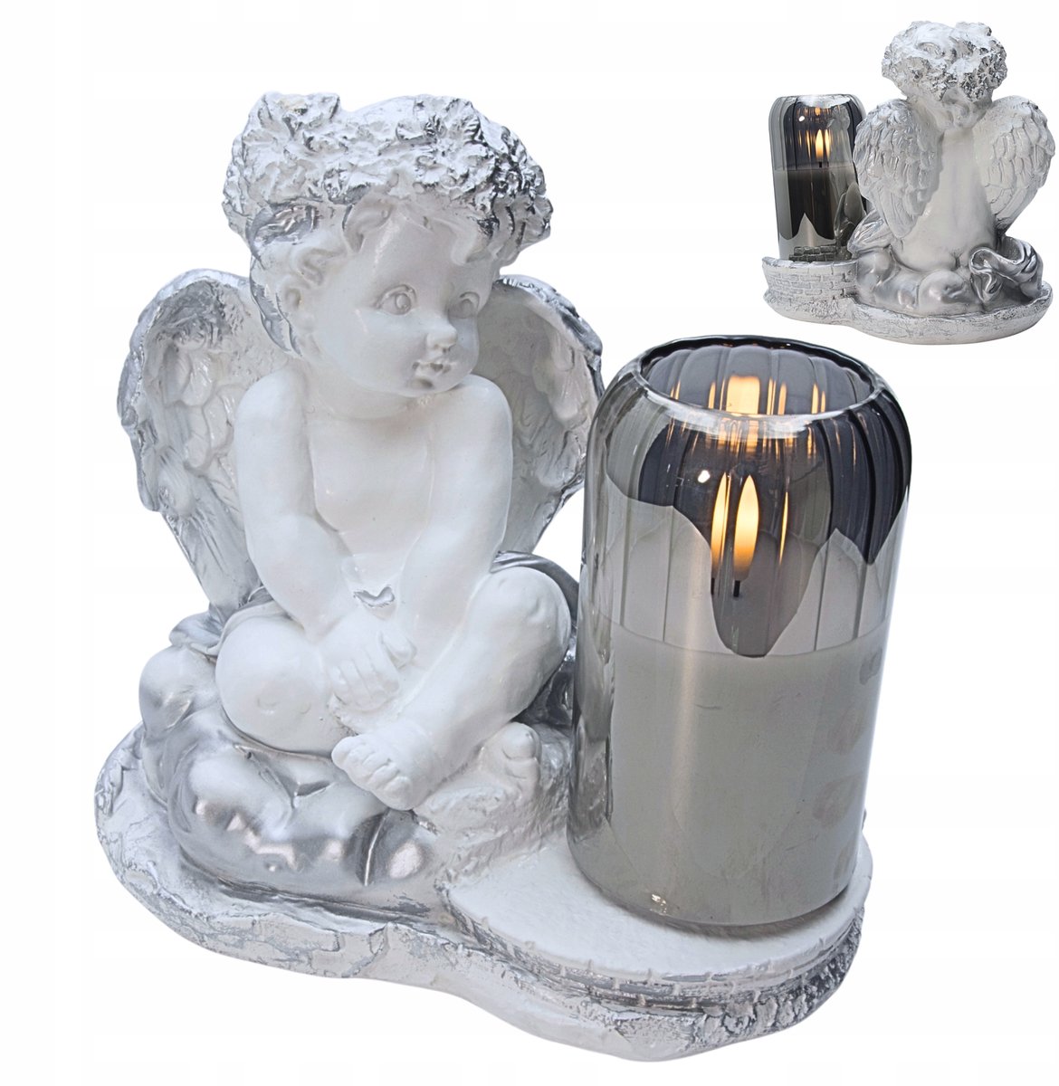 Znicz Anioł z LED - Figurka Gipsowa Srebrna
