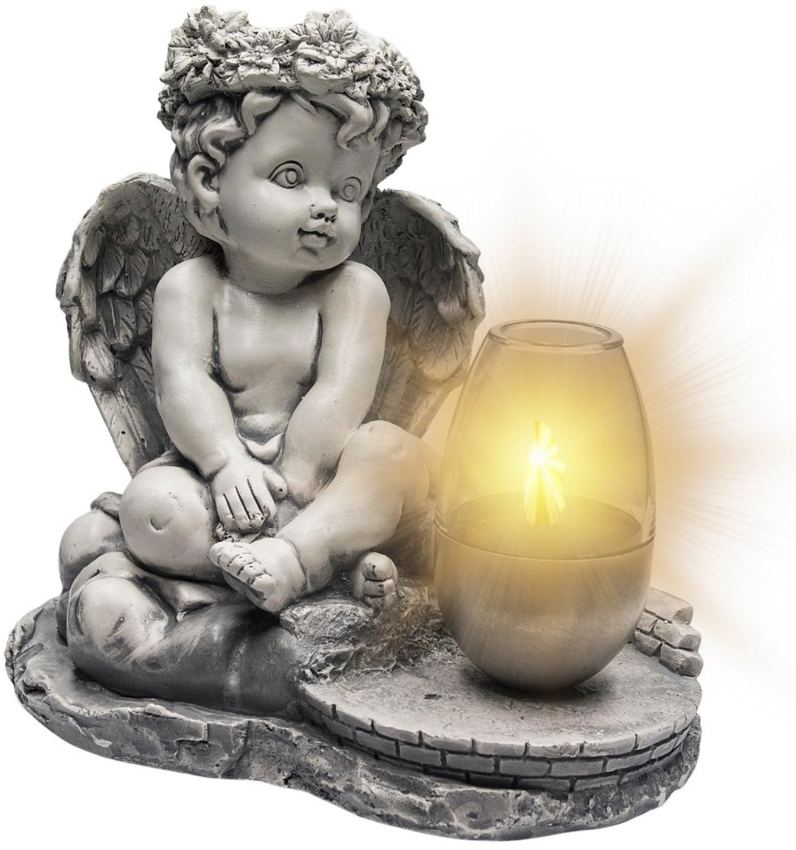 Gipsengel Grafdecoratie met Solar LED Lamp