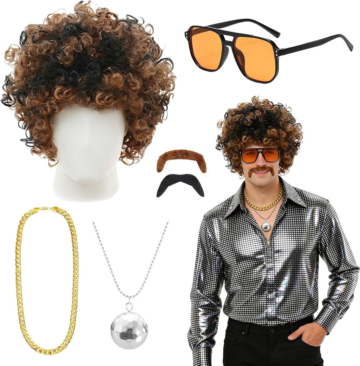 Hippiekostuum voor mannen, grappige disco-accessoires, met pruik, haarnet, halsketting, glazen, disco-accessoires, jaren '60/70 retro kostuum voor hippie, fancy jurk, carnaval, themafeesten