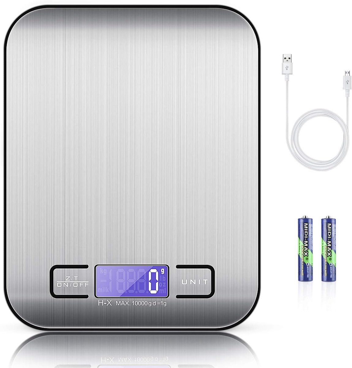 Elektronische keukenweegschaal met USB-kabel, precisieweegschaal 10 kg/1 g, elektronische weegschaal, roestvrij staal, digitale voedselweegschaal, lcd-display met achtergrondverlichting,