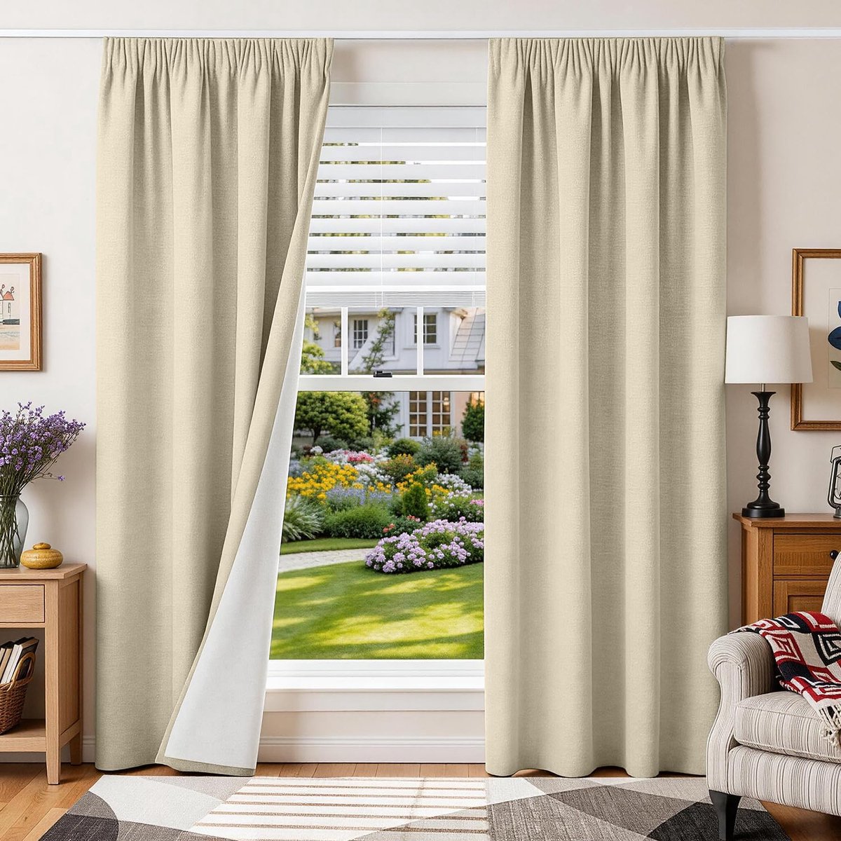 100% verduisterend gordijn met plooiband, warmte-isolerend, tegen kou, 2 stuks, 140 x 220 cm (l x h), linnen, voor rail, slaapkamer, woonkamer, huis, tegen hitte, lawaai, grijs/wit