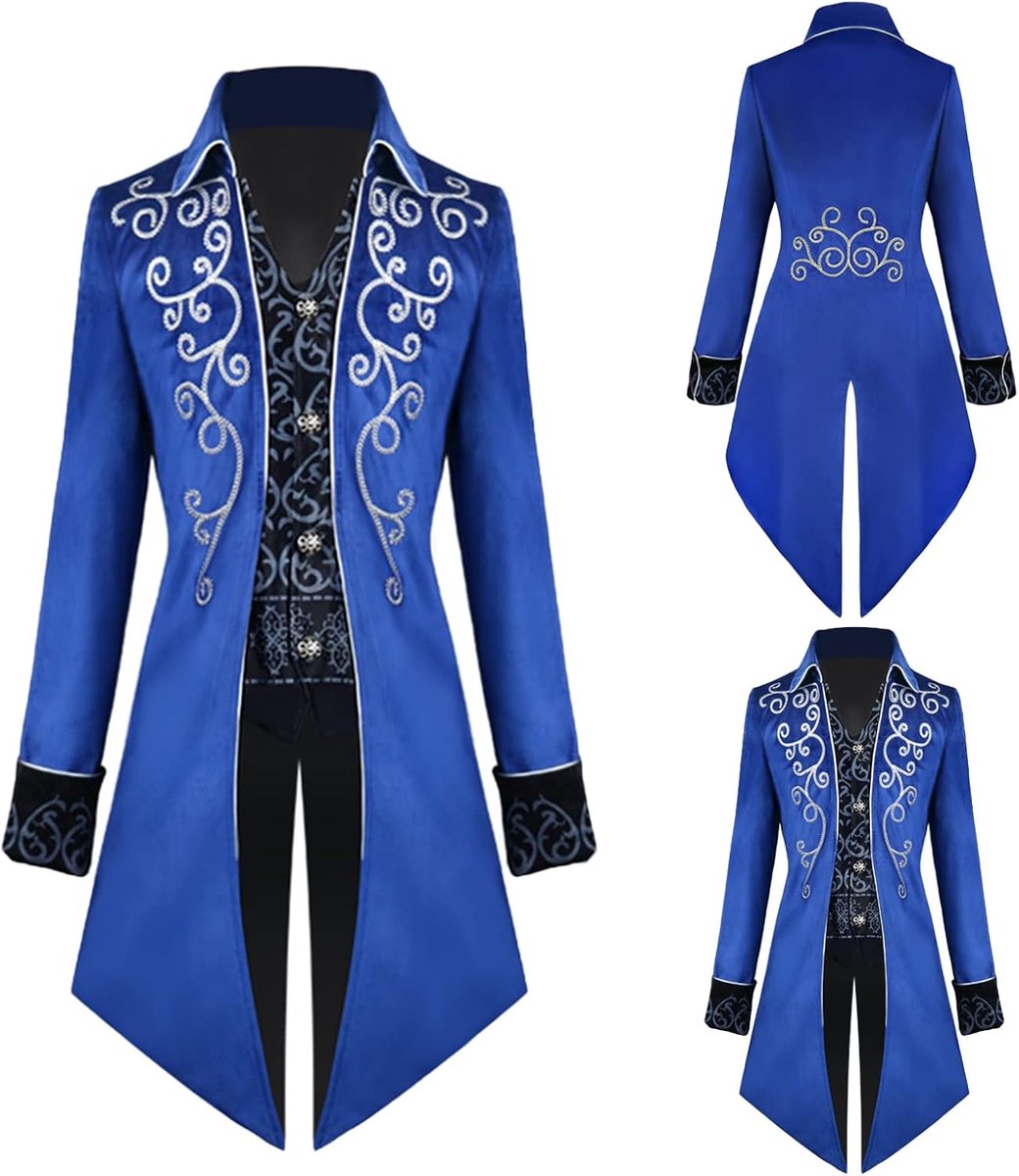 Vintage jas voor heren, middeleeuws gothic fluwelen borduurwerk jas jas Victoriaanse geklede uniform voor steampunk-thema en dansfeest, Halloween