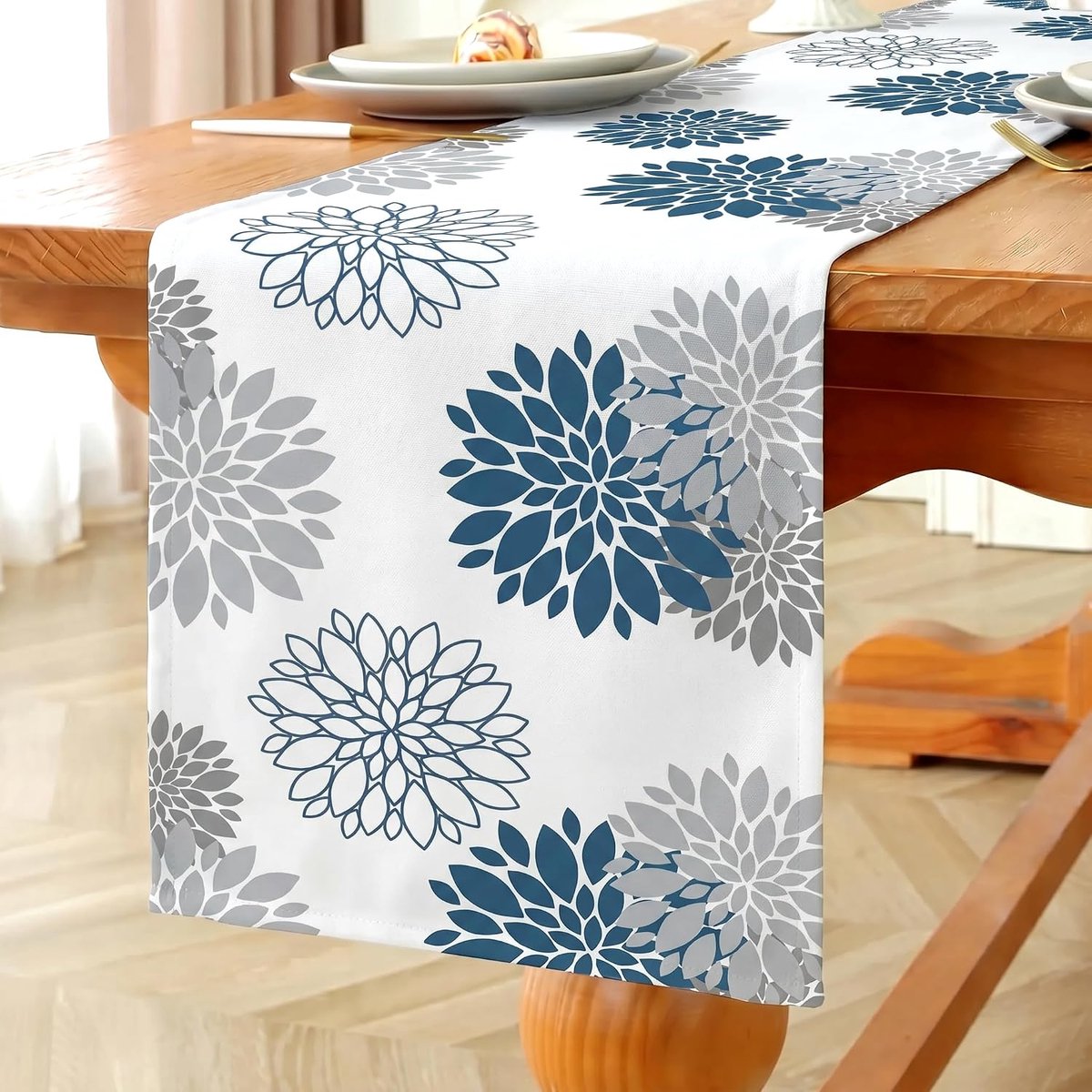 Tafelloper zomer waterdicht bloemen tafelloper marineblauw dahlia's seizoen herfst keuken interieurdecoratie vakantie feest bruiloft 33 x 183 cm