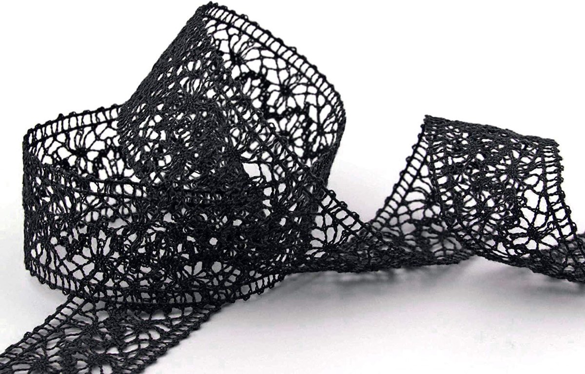 Kant-lint, 15 m x 38 mm, zwart, per meter, gehaakt, katoenmix, natuurlijke look, decoratief lint, gehaakt kanten boord
