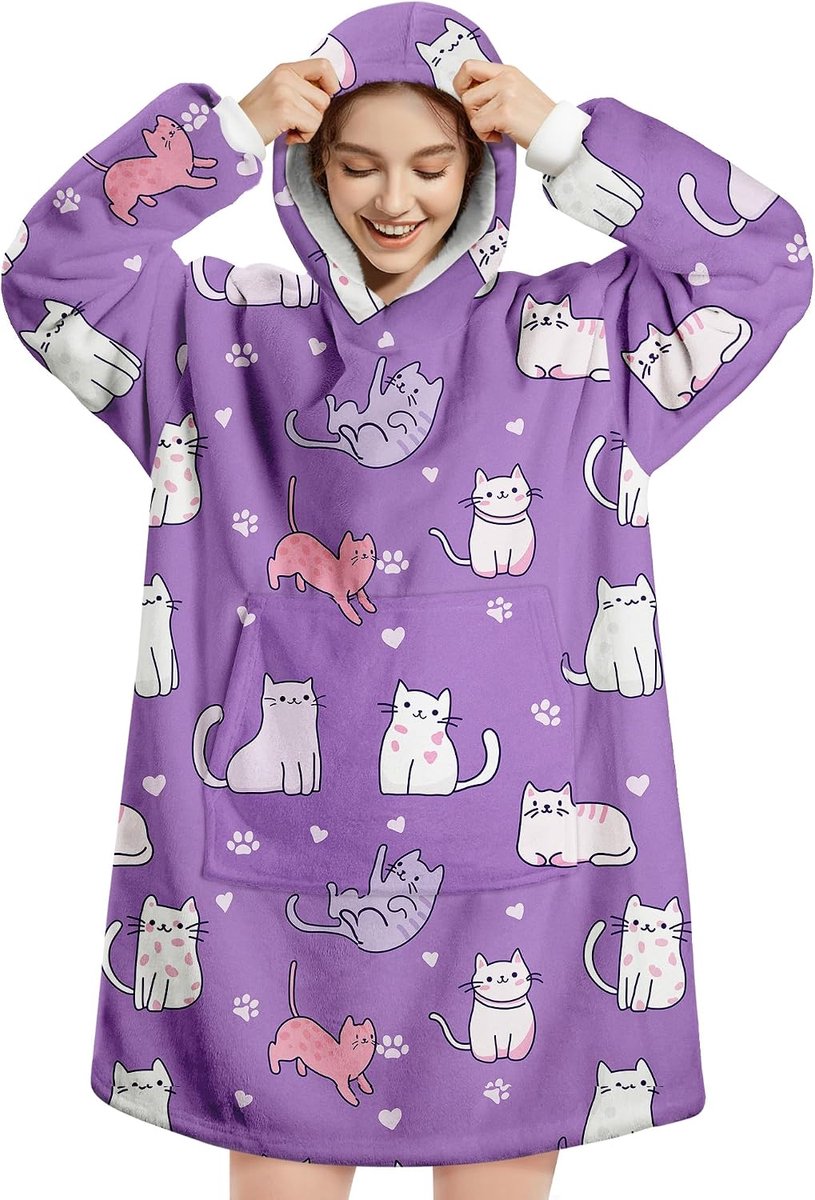 Hoodie voor dames en heren, fleecedeken, sherpa, wintertrui, plaid, poncho, met zak en warme mouwen, zacht, comfortabel voor volwassenen, Paarse kat, Eén maat