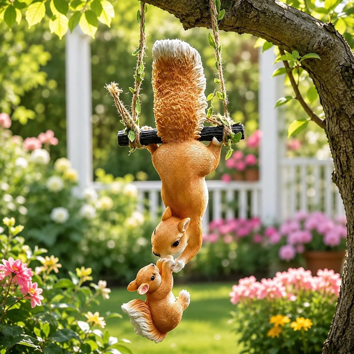 Eekhoorntje tuinfiguur van kunsthars, tuindecoratie met jute touw, schattige eekhoornschommel voor boom, balkon, terras, hek en veranda