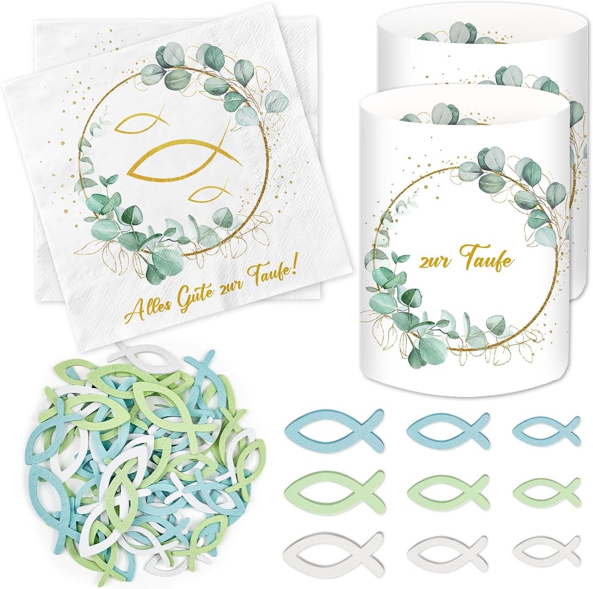 20 stuks servetten doop + 12 windlichten tafeldecoratie + 60 houten vissen strooidecoratie, doopdecoratie jongens meisjes eucalyptus groen, feestgeschenken, doopdecoratie, gastgeschenken