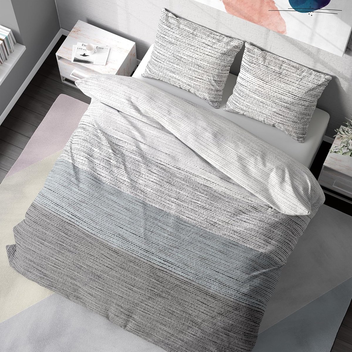 Beddengoed, 155 x 200 cm, 100% katoen, ademend, renforcé, met ritssluiting, grijs/lichtblauw, 2-delig, beddengoedset, dekbedovertrek + kussensloop 80 x 80 cm