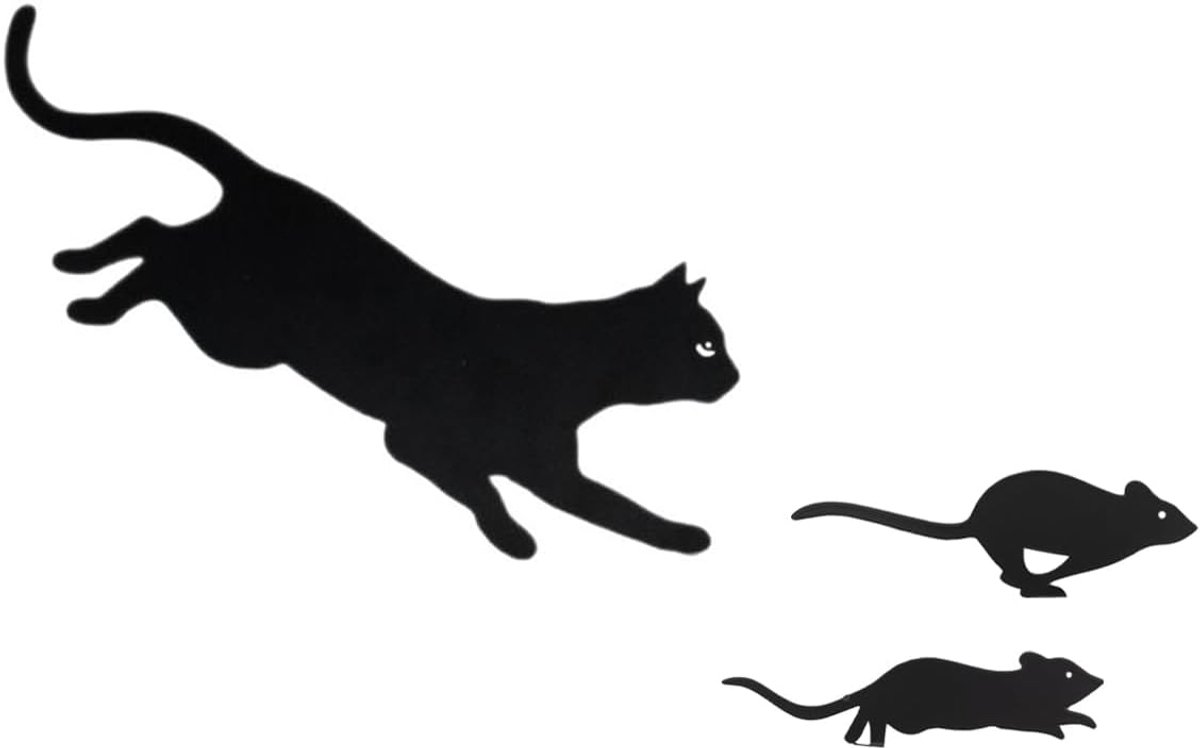 3 schattige silhouetten van een kat die een muis achtervolgt, dierenkunstornamenten, voor gazon, terras, schutting en buitendecoratie