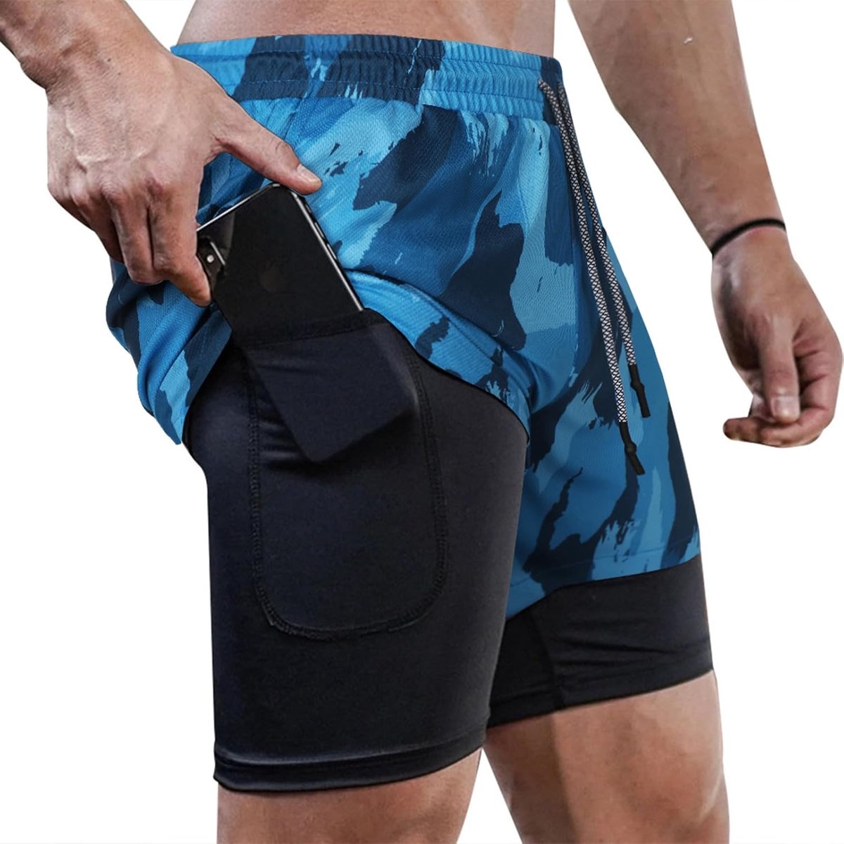 Shorts voor heren, 2-in-1, korte hardloopbroek, sportbroek, met geïntegreerde zakken, voor fitness, training.