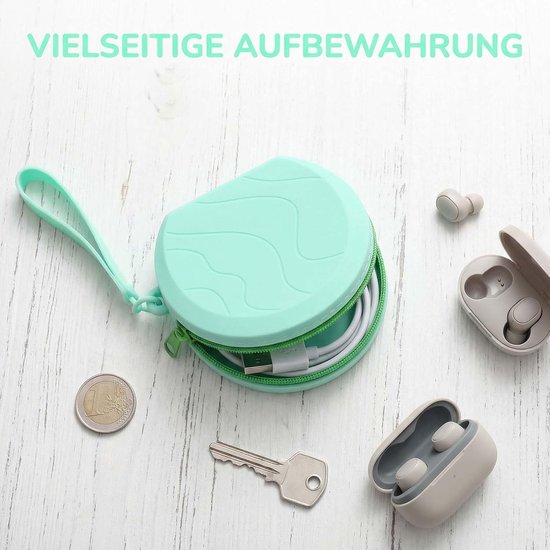 Hoofdtelefoontas, groen, schattige kleine opbergtas voor hoofdtelefoon, kabels, sleutels en munten, draagbare reisorganizerbox voor dames en meisjes (10 x 9 x 3 cm) — afbeelding 3