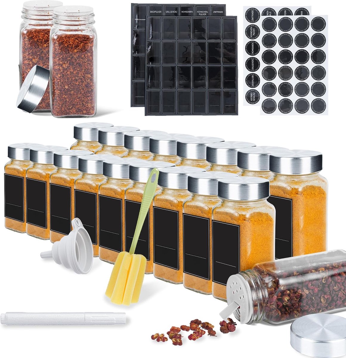 Kruidenpotjes, kruidenbewaardoos met strooi-inzetstuk, vierkante kruidenpotjes, set van 120 ml, kruidenstrooier, kruidenpotjes met etiketten, trechter, markers, borstel, roestvrij staal, 12