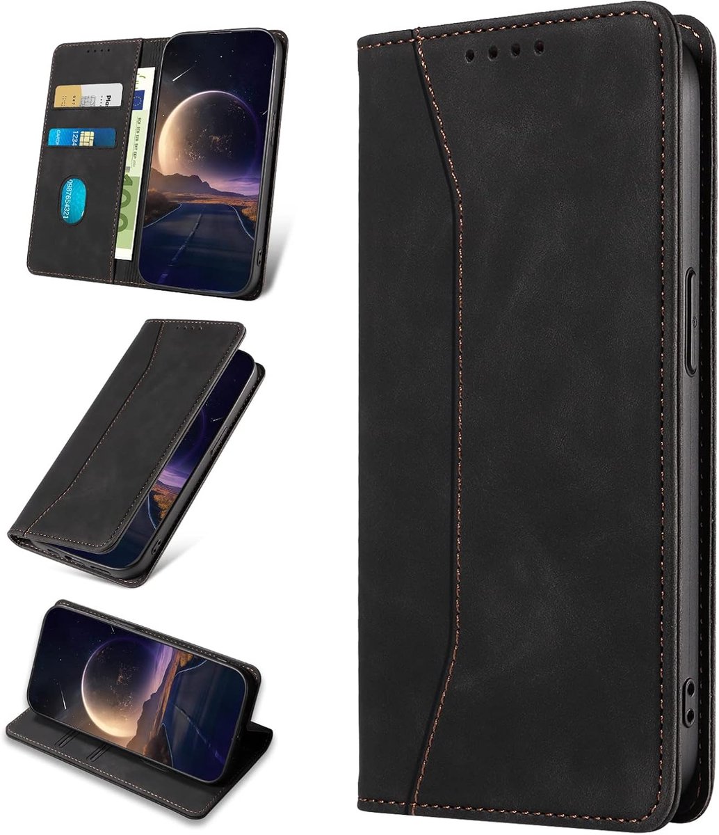 Hoesje voor Oppo A74 4G, Hoogwaardige Kunstleren Bookcase Hoes met Pasjeshouder, Telefoonhoesjes Wallet Case voor Oppo A74 4G (Zwart)