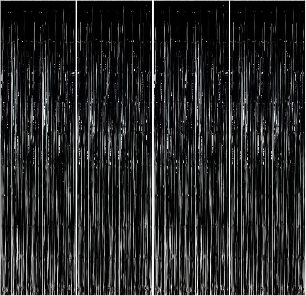 4 stuks gordijnen met franjes van aluminium, 1 m x 3 m, metalen tinsel gordijnen, zwart, metallic knippergordijnen, zelfklevend, glanzend, voor decoratie, feest, verjaardag, bal, bruiloft (zwart)