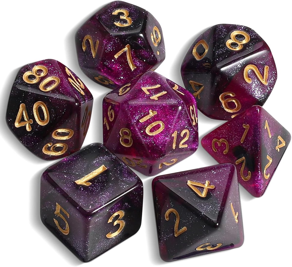 Dice polyedrische dobbelstenen set - 7 stuks voor Dungeon en Dragons MTG RPG D&D D20, D12, D10, D%, D8, D6, D4 (paars gemengd zwart + glitter)