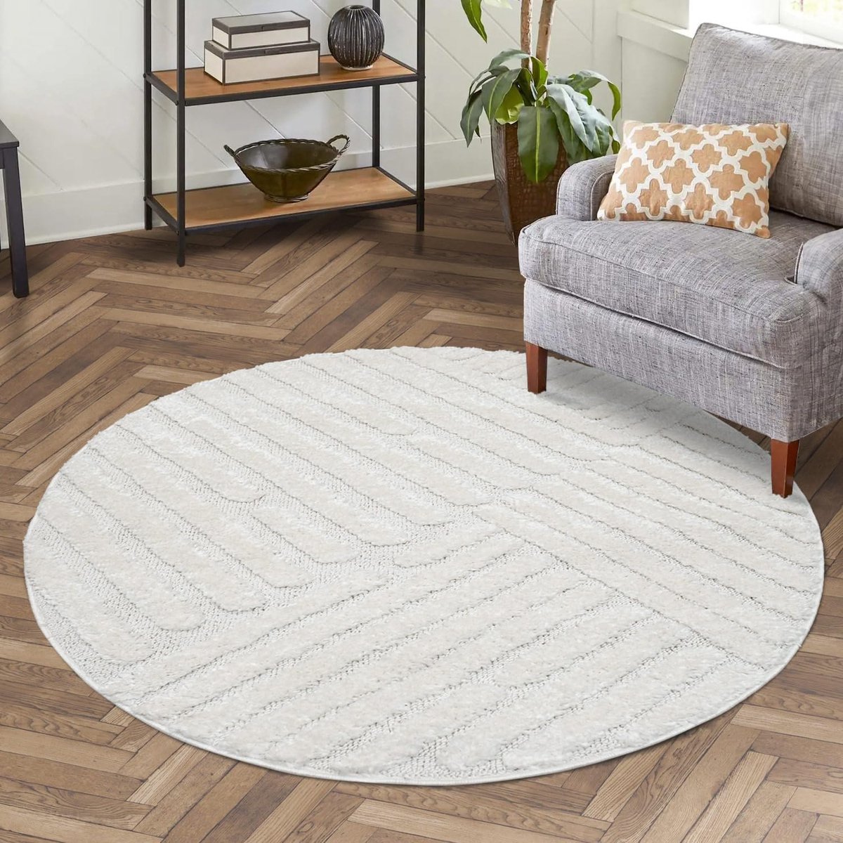 Carpet city Vloerkleed woonkamer hoogpolig crème - 200 cm rond - hoog-dieppatroon, 3D-effect strepen - bedvorleger slaapkamer vloerkleden boho, skandi