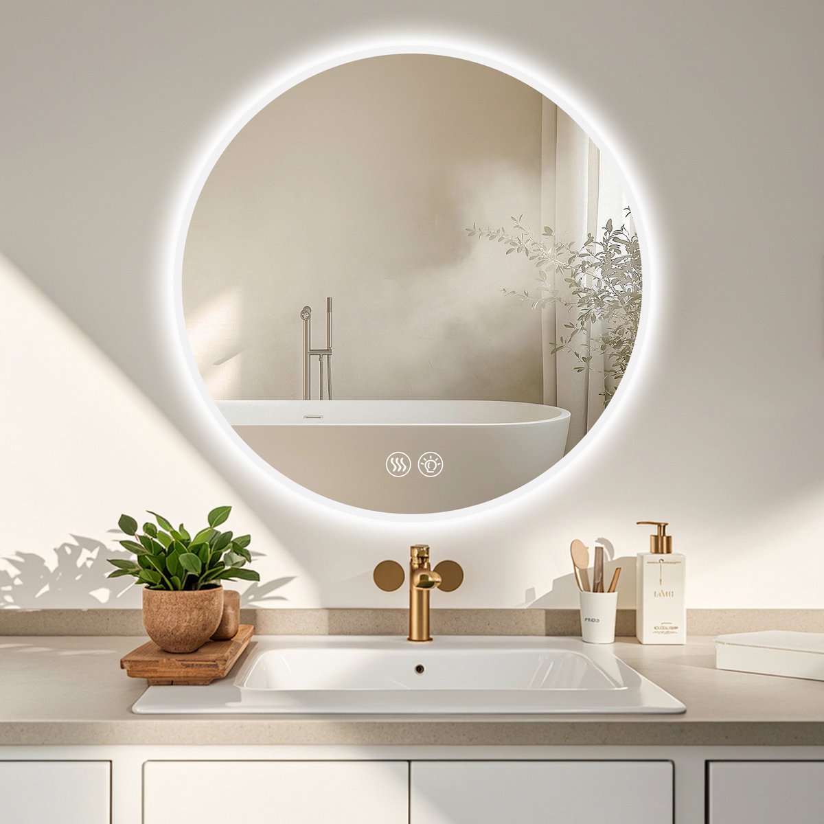 DESMIU LED Badkamerspiegel Rond 70 Cm Dimbaar Anti Condens Glas Metaal Zilver Voor Badkamer En Make Up