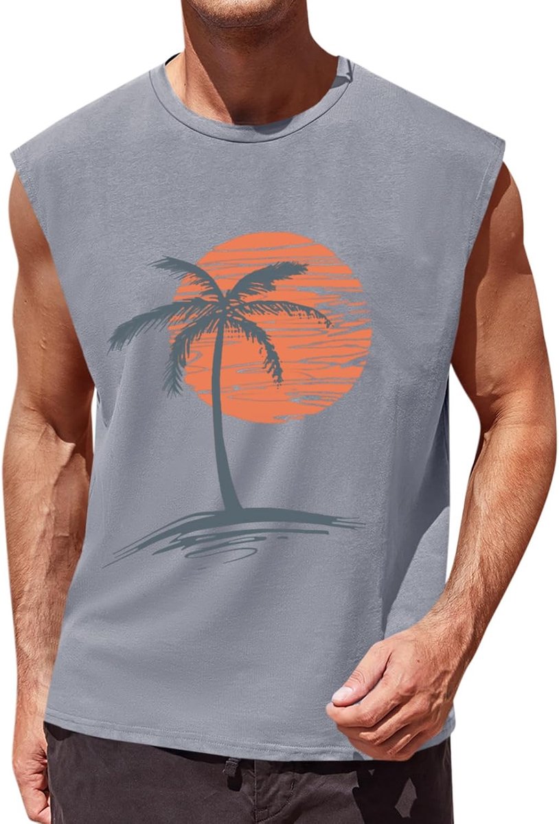 Tanktop voor heren, mouwloos, palmprint, shirts, gym, sport, fitness, basic onderhemd, losse okselshirt, zomer, strand, T-shirt