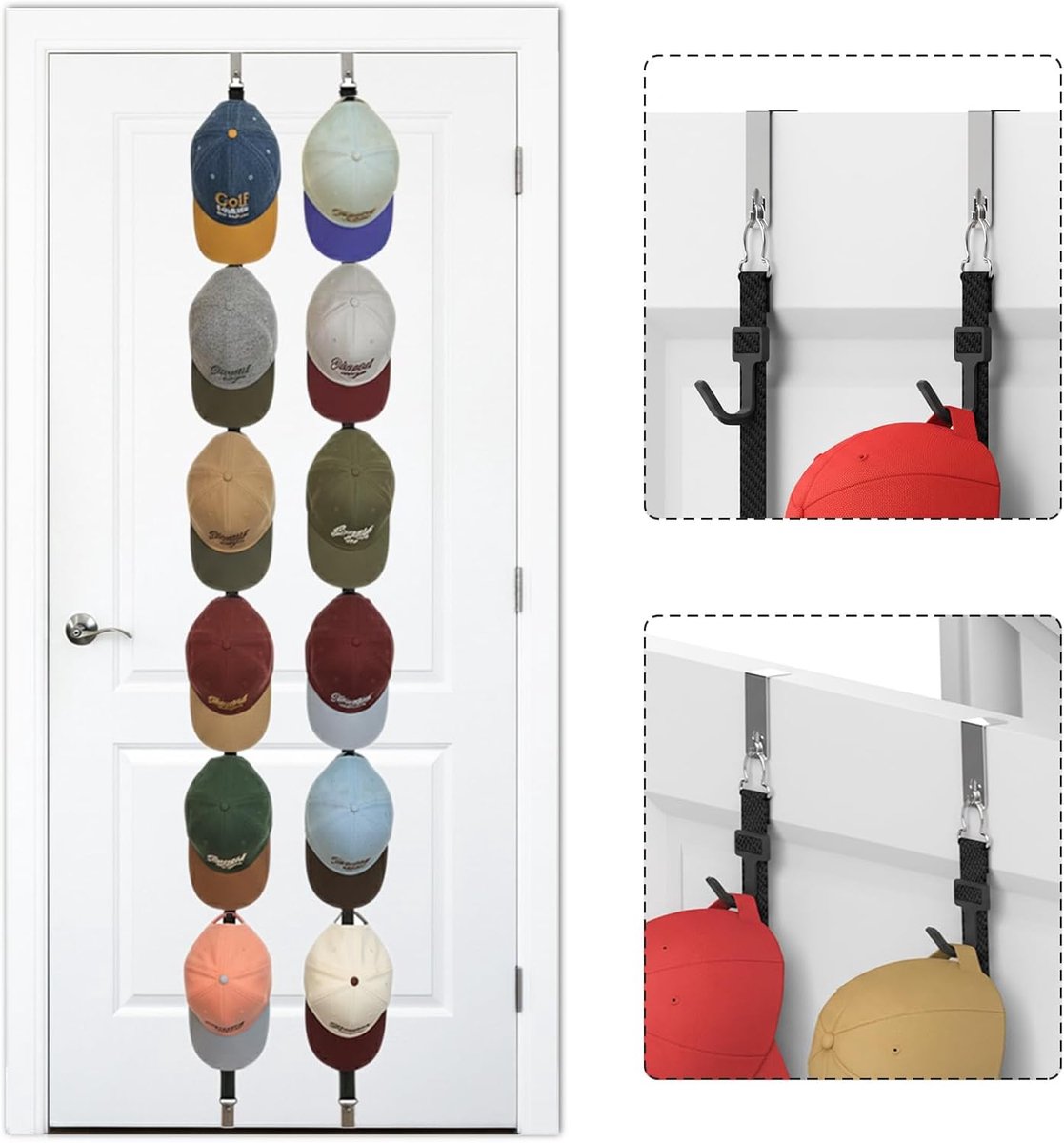 Hoedenrek voor honkbalpetten en organizerhouder [ tot 36 caps] Display over de deur of op de muur hoedhanger met 2 riemen en 12 verstelbare haken, zwart [verbeterde sterke haken]