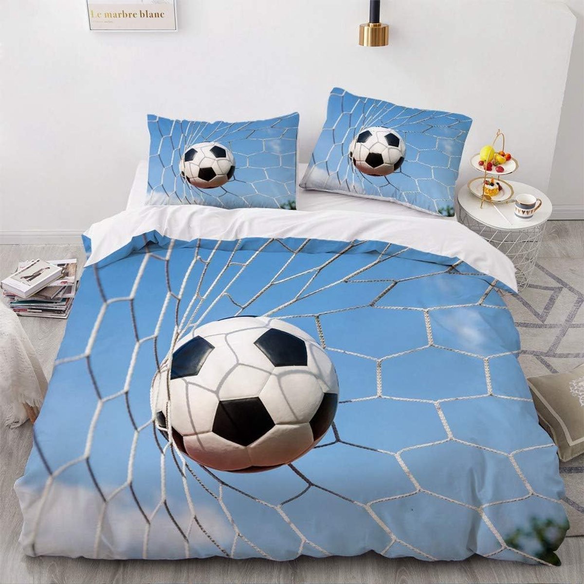 155 x 220 cm, 3-delig, blauw, 3D, blauw, voetbal, zacht microvezel, voetbalbeddengoed voor jongeren, jongens, kinderen, met ritssluiting en 2 kussenslopen van 80 x 80 cm