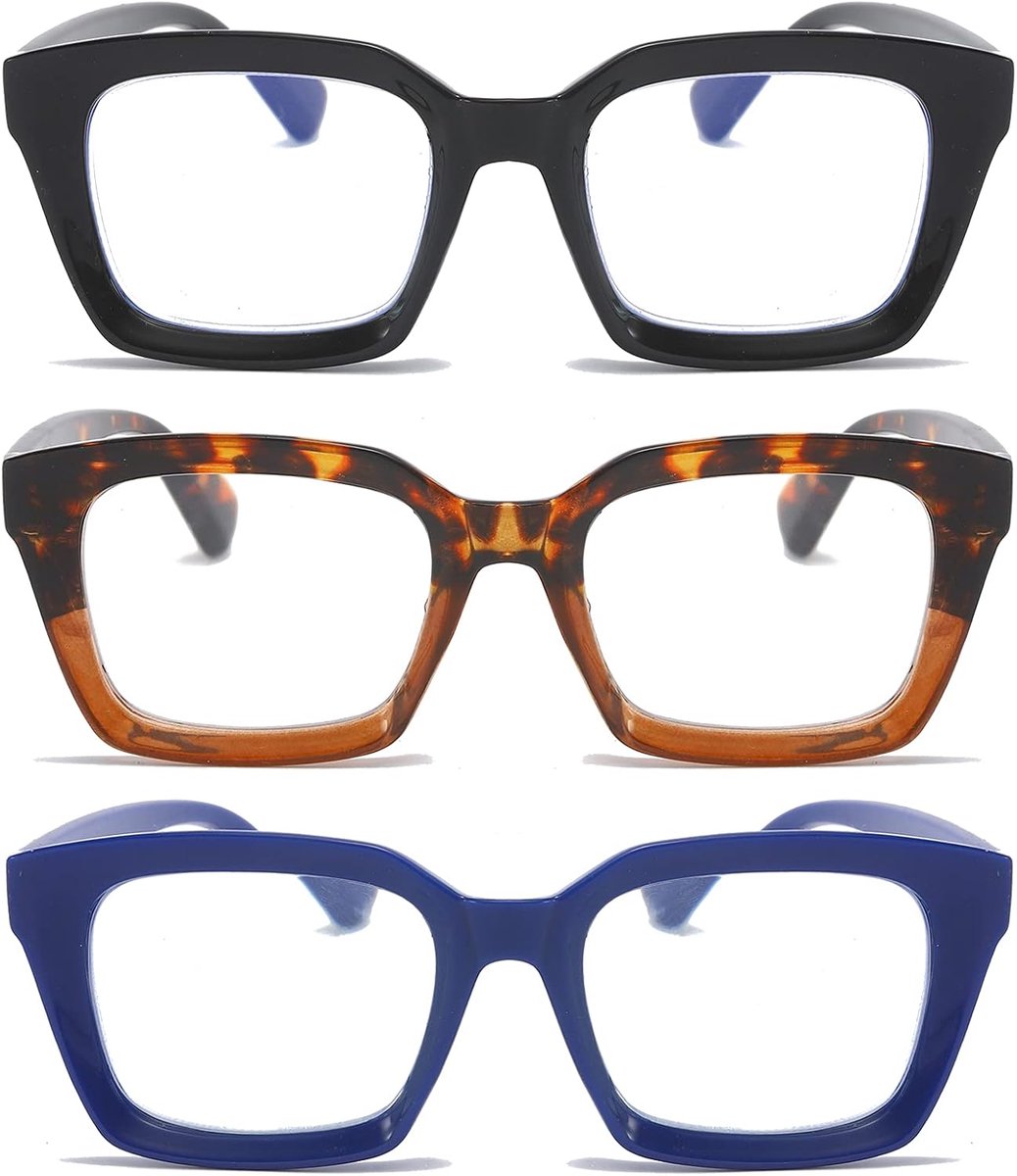 3 verpakkingen leesbril voor dames, vierkant frame, anti-blauw licht, oversized computerbril