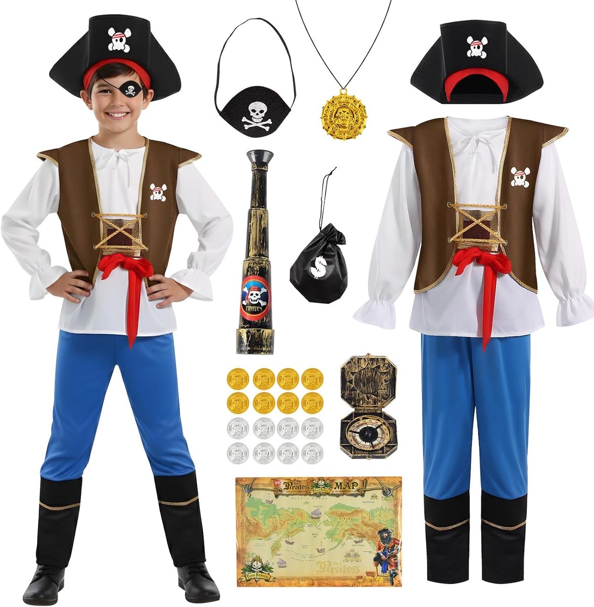 Piratenkostuum voor kinderen, piratenkostuum voor kinderverjaardag, piratenkostuum voor kinderen, met hoed en oogklep, piratas carnaval kleding voor kinderen