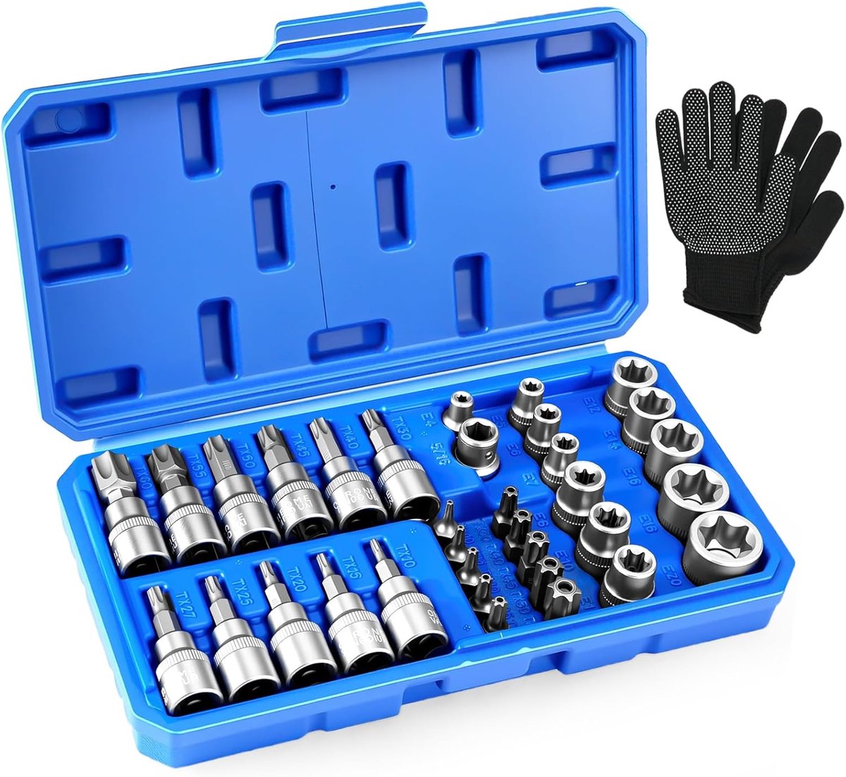 34-delige professionele Torx-dopsleutelset, vrouwelijk/mannelijk, Torx-bits ster E4-E20 & T10-T60, bits van S2-staal, voor mechanica, knutselen en reparaties