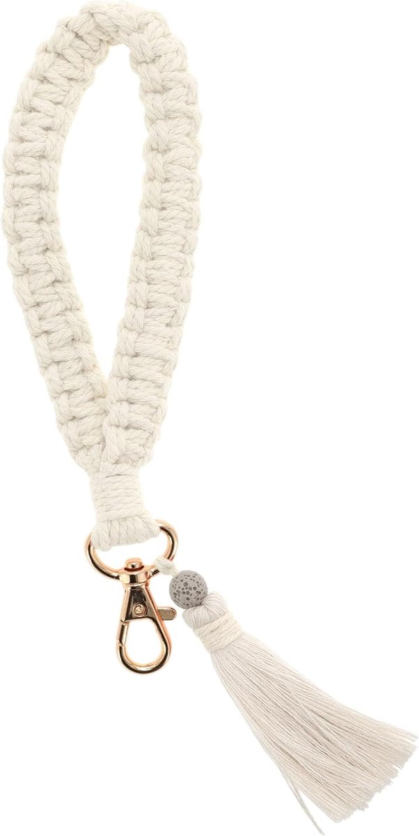 Gevlochten sleutelhanger, Boheemse sleutelhanger, polssleutelhanger, exclusieve sleutelhanger met kwast voor vrouwen, wit
