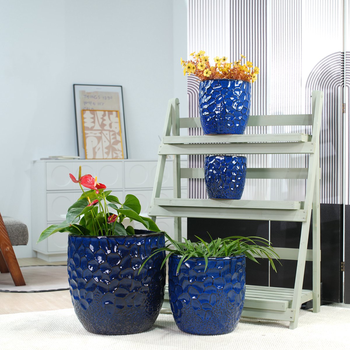 DESMIU Bloempot – 4 Delige Set Met Drainagegat – Ø38 30 22,5 18 cm – Keramiek – Navy Blue – Voor Binnen En Buiten – Vorstbestendig