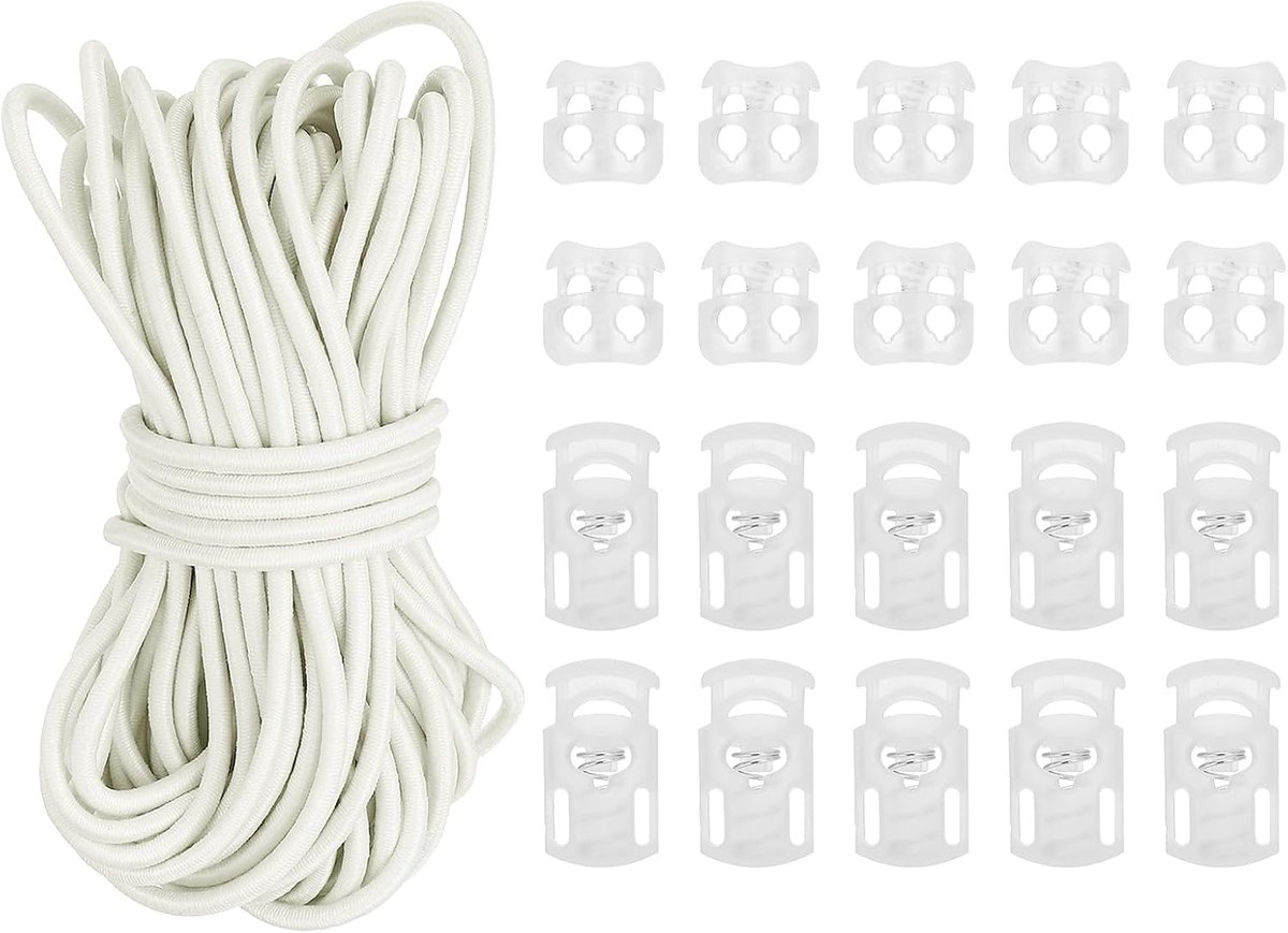 Elastische Bungee Cord & 10 stks Single Hole Cord Lock & 10 stks Dubbele Gat Spring Toggle Stopper voor Paracord Trekkoord Schoenveter Kleding Rugzak Tassen, Beige