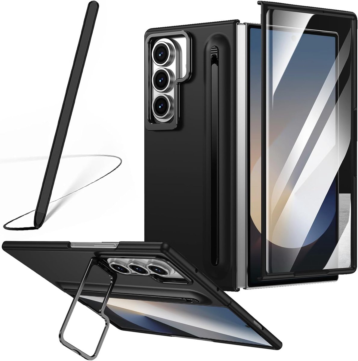 Beschermhoes voor Galaxy Z Fold 7 met styluspen, geïntegreerde penhouder, hoesjes voor Samsung Galaxy Z Fold7 met schermbescherming, vervangende pen voor S Pen en verstelbare standaard, zwart