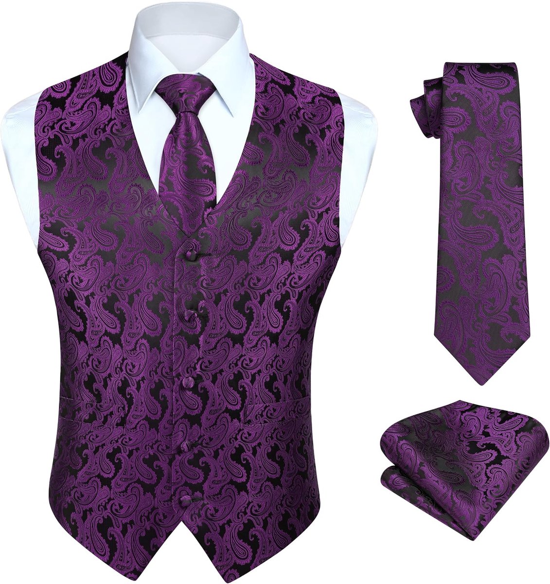 Heren vest paisley bloemen jacquard stropdas pochet zakdoek vest pak set, lila-2, 3XL