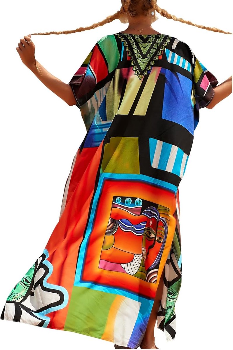 Strandbadpak lange kaftan voor dames plus size jurk plus size jurk, Rood Blauw, One Size