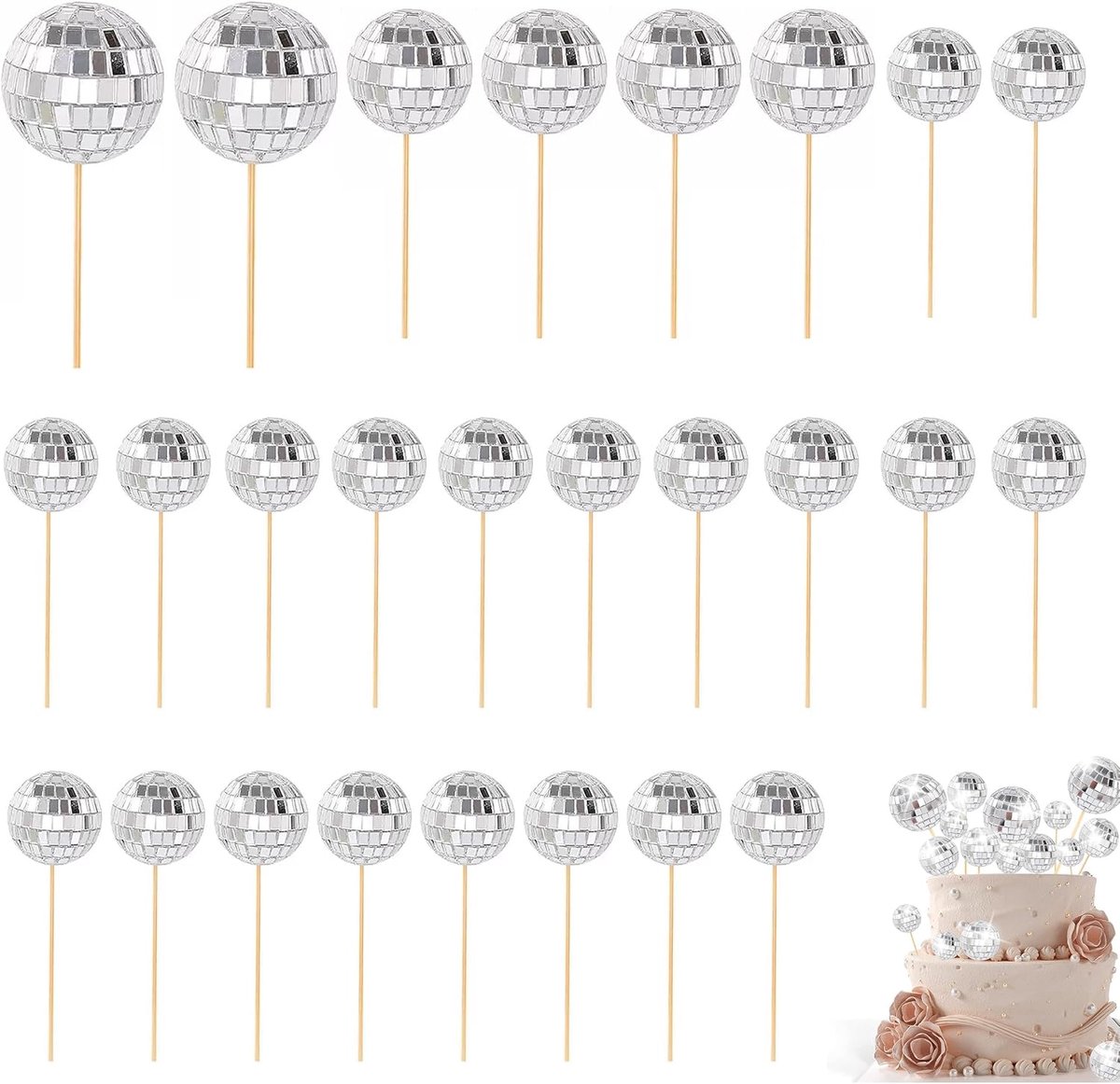 Taartdecoratie, 26 stuks discobal taarttoppers, discobal decoratie | Cupcake-decoratie, jaren '70, disco taartdecoratie voor verjaardag, disco themafeest (3 maten, zilverkleurig)