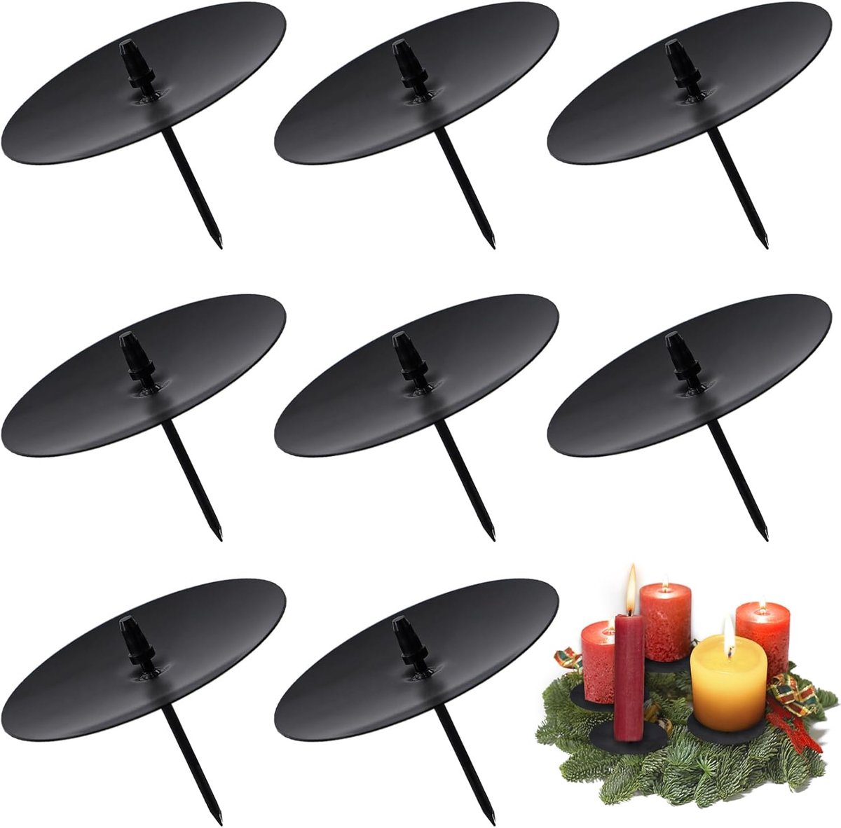 8 Stück Adventskranz für Kerzenhalter, Ø 6 cm Schwarz Adventskerzenhalter Metall Kerzenleuchter mit Dorn, für DIY Adventskranz Deko Weihnachten Kerzenteller