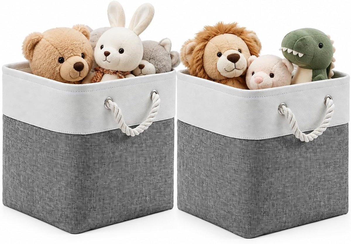 2 stuks 28 x 28 cm, stoffen kubusmanden met touwgrepen, opvouwbare opbergkubussen voor huishoudelijk speelgoed, organiseren, plank, kleding, huis, kantoor