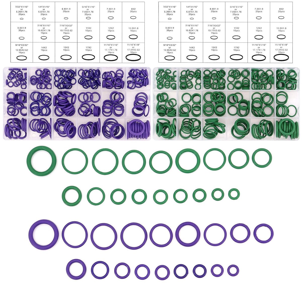 Ringen, 540 stuks, 18 maten, rubberen ringen, assortiment, set, groen, paars, sluitringen, assortiment
